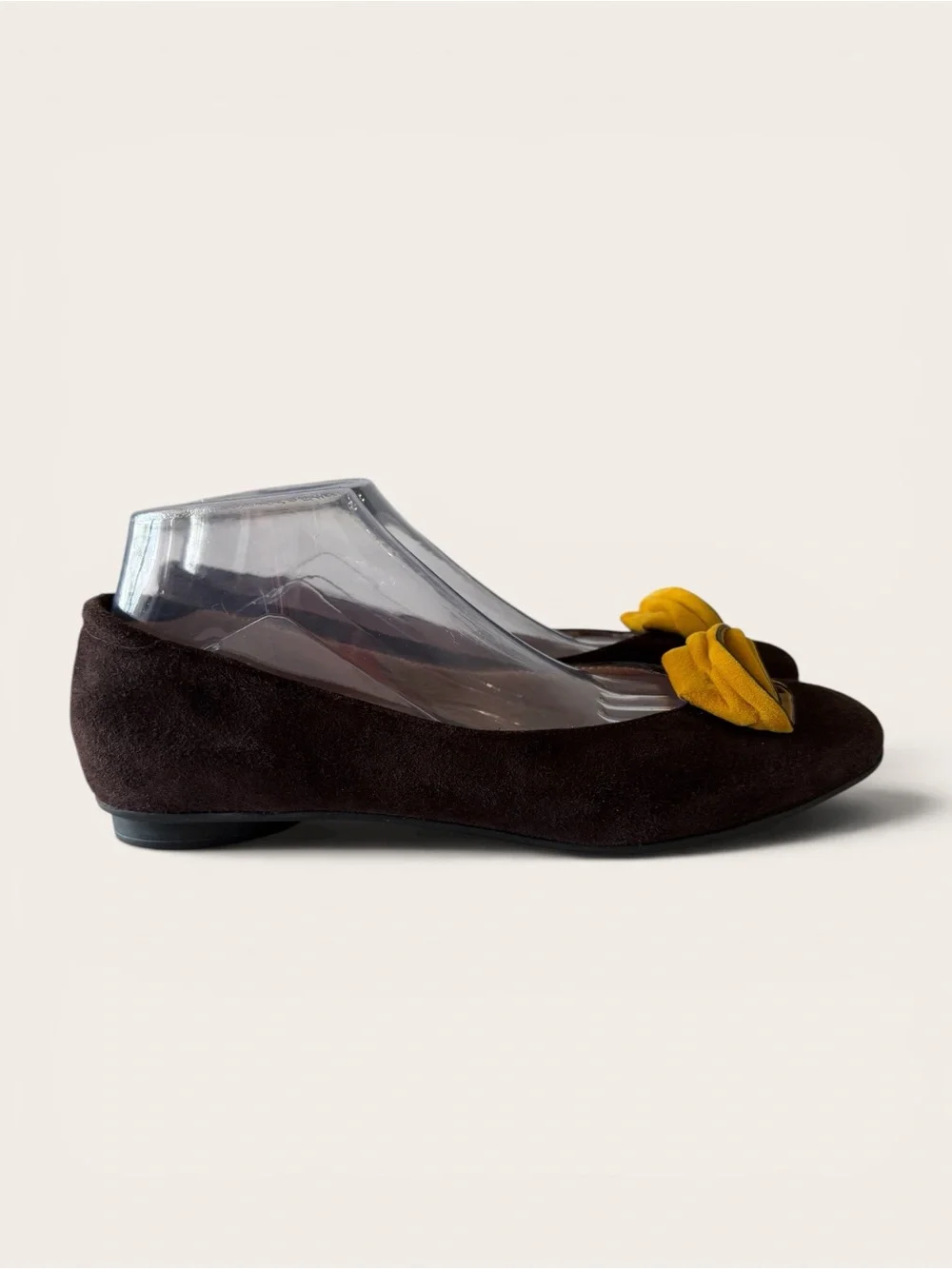 BeautiFeel Dark Brown Suede Flats with Yellow Rosette Accent